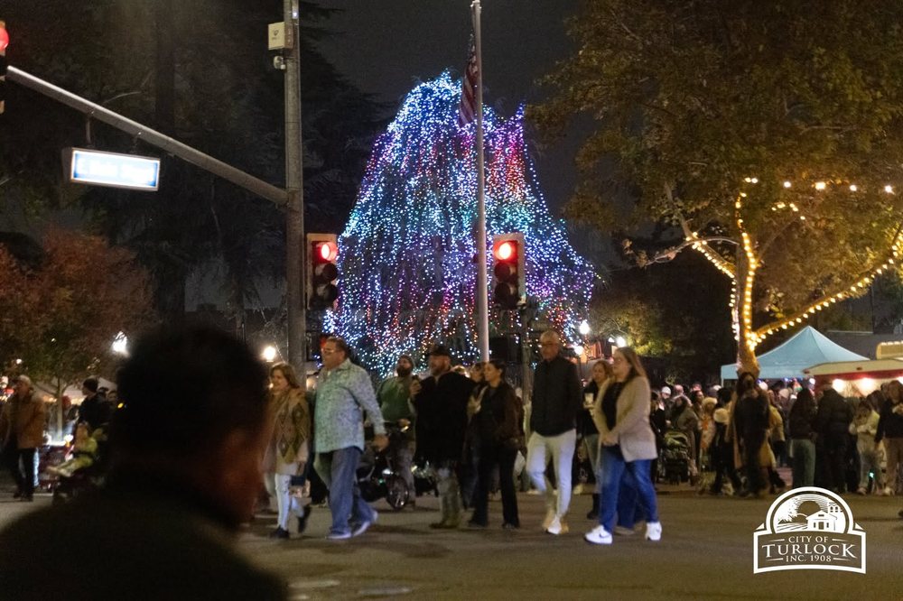 Crowd gathered near the lit holiday tree on Main Street